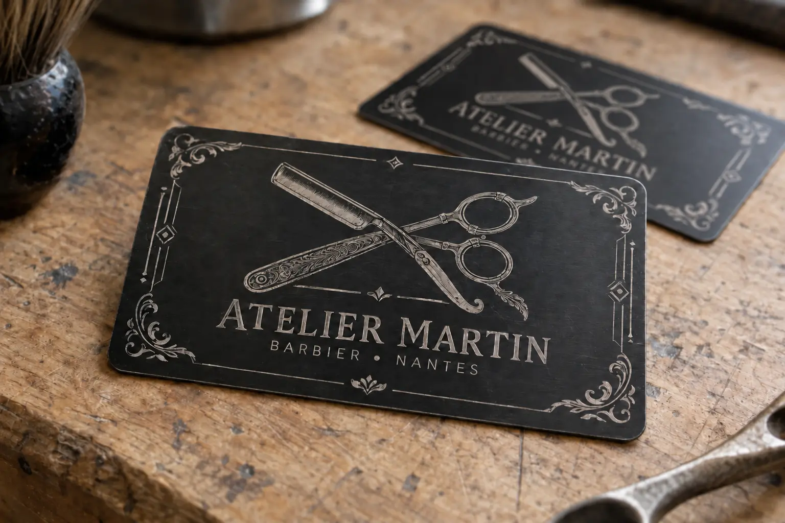 Deux cartes de visite en aluminium anodisé noir gravées pour un barbier
