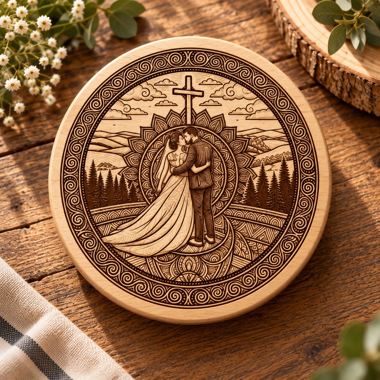 Photo de mariage retravaillée avec des motifs de style mandala et reproduite par gravure