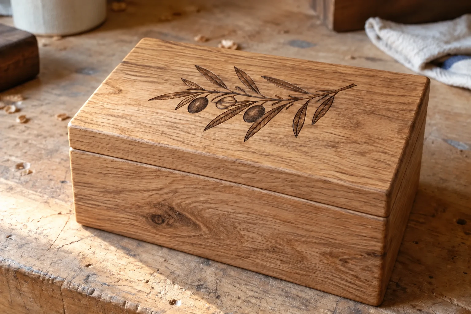 Coffret en chêne gravé d'une branche d'olivier