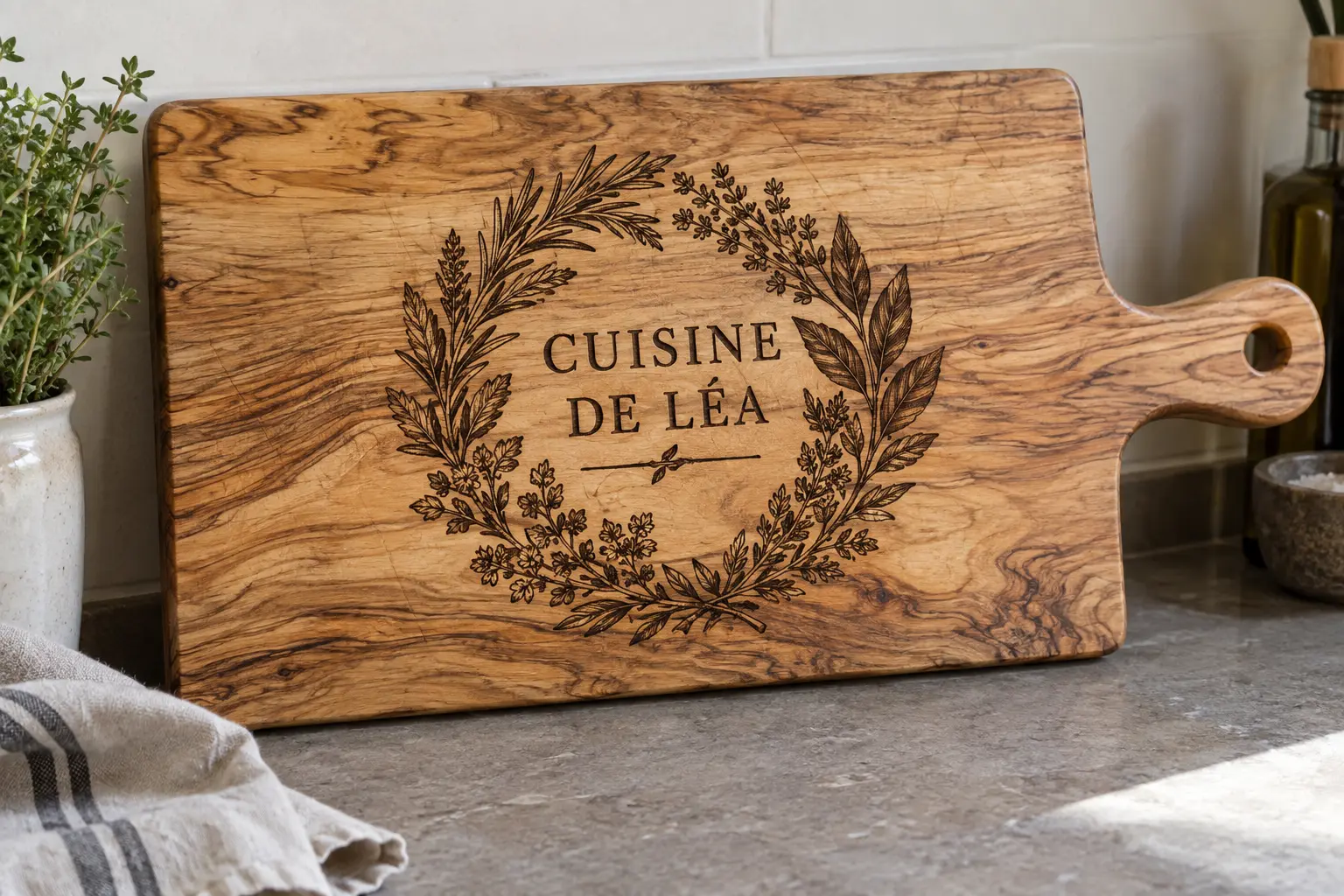 Planche en bois d'olivier personnalisée Cuisine de Léa