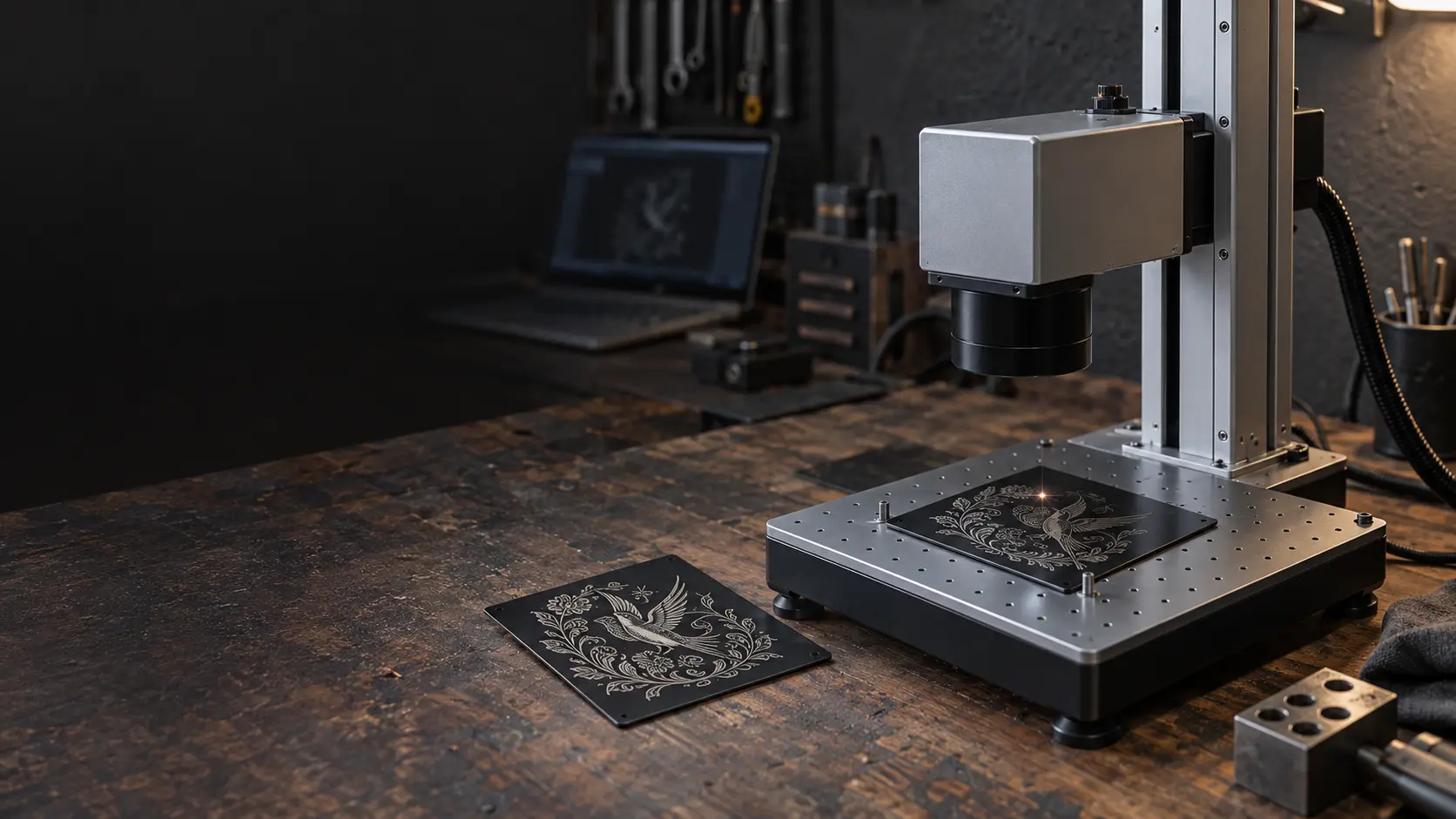Machine de gravure laser galvo marquant une pièce en aluminium anodisé noir