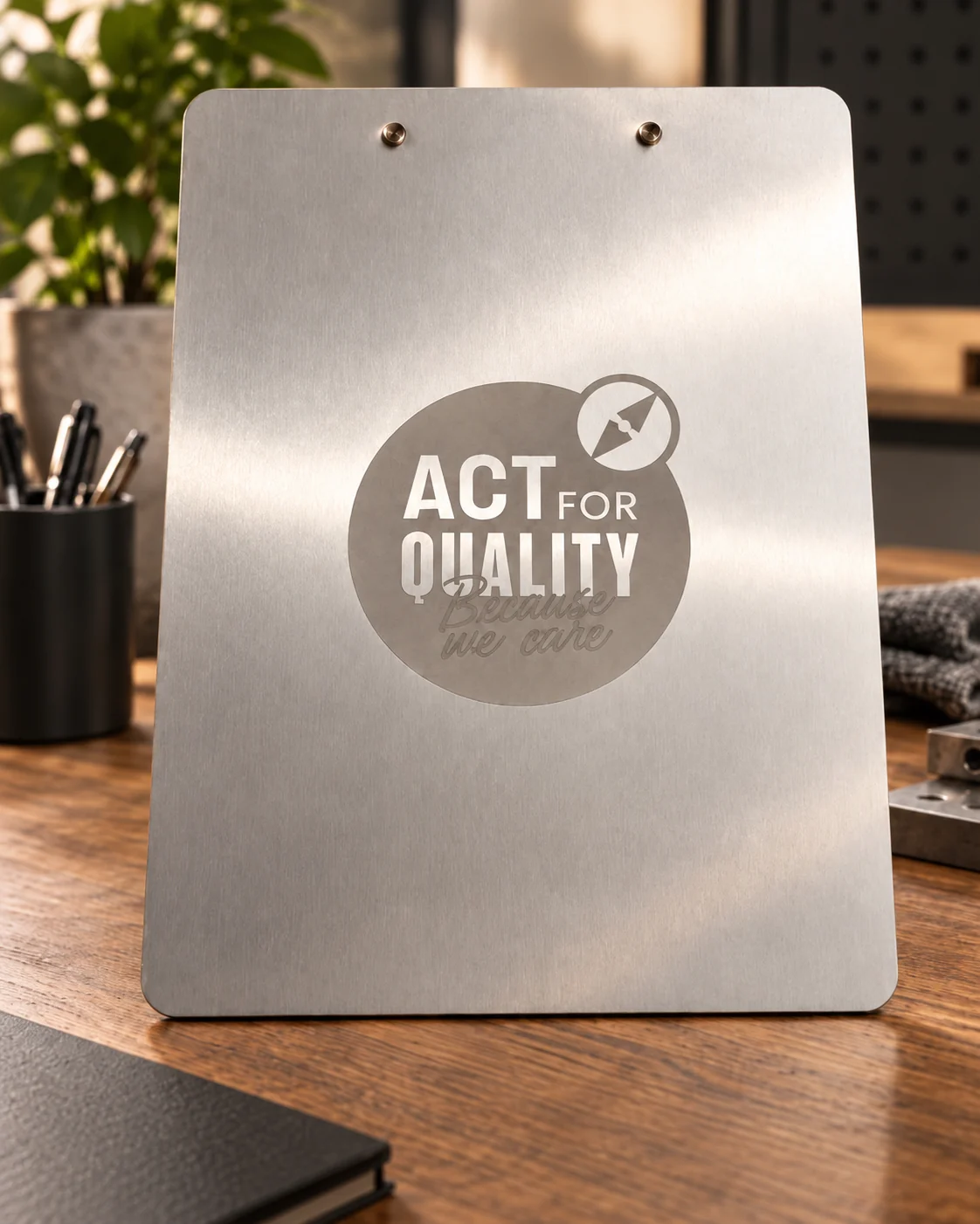 Bloc-notes en aluminium gravé d’un logo et du message « ACT FOR QUALITY »