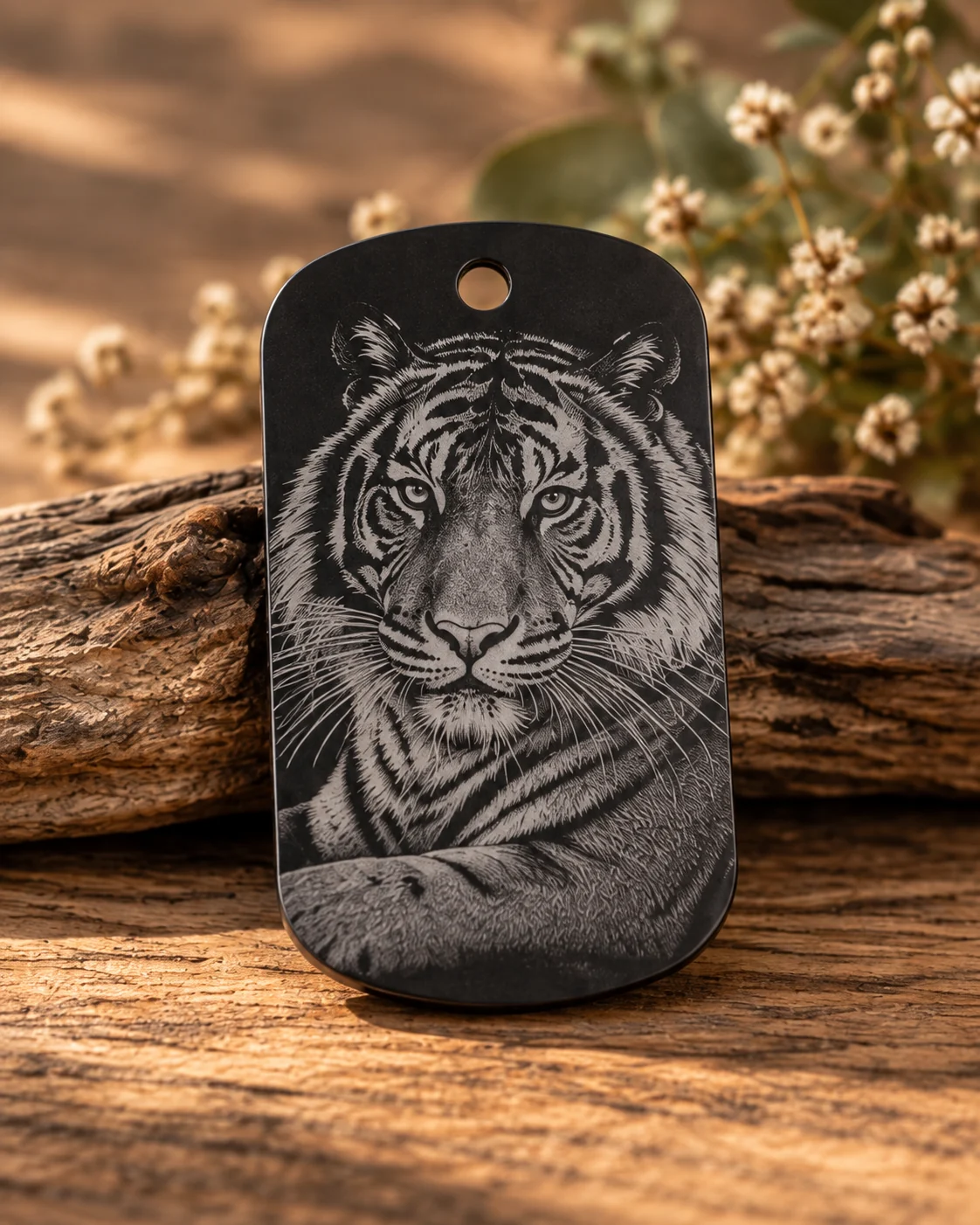 Pendentif de type plaque militaire en aluminium anodisé gravé d’un tigre