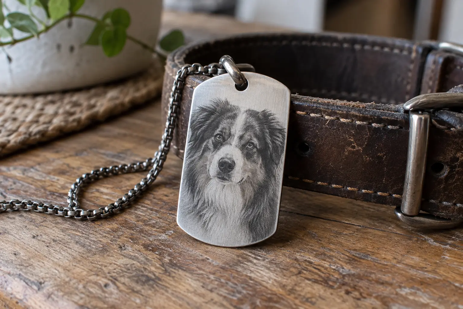 Pendentif dog tag en acier gravé d'un portrait de chien